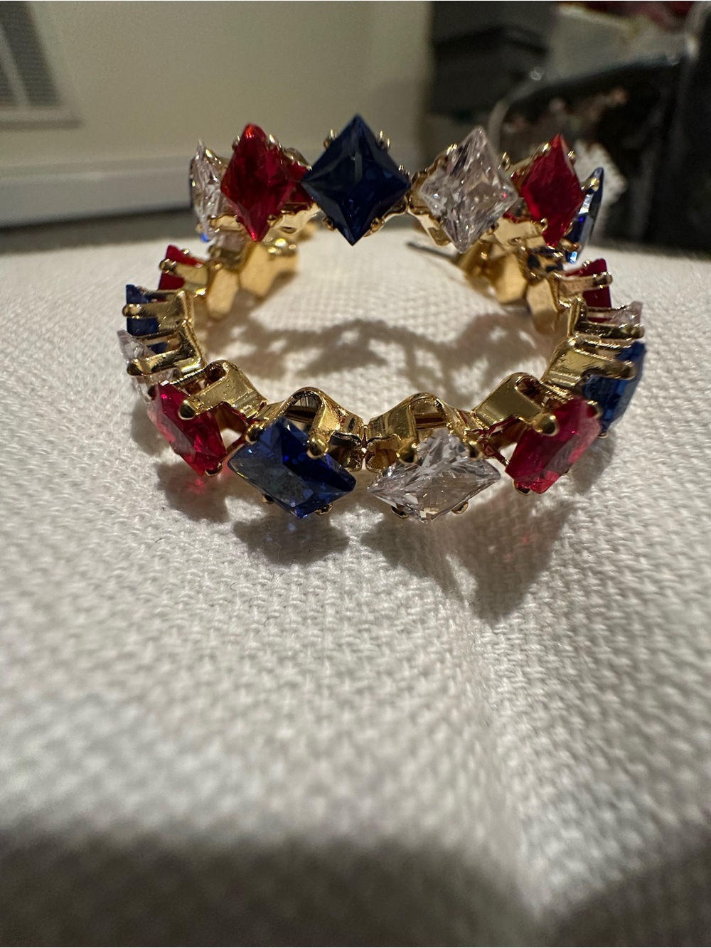 Gold-Tone Red Blue White Crystal Earrings